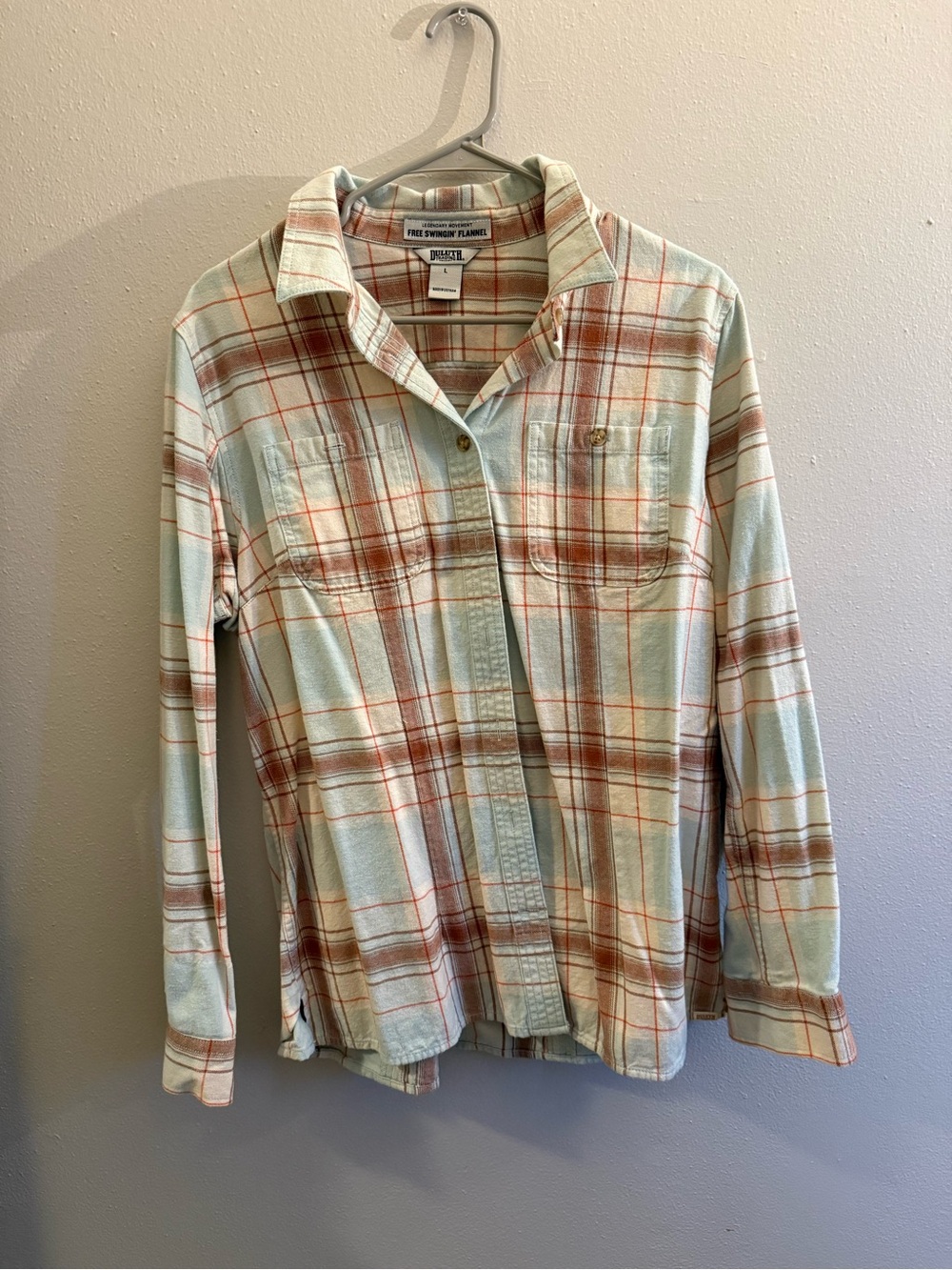 Duluth Trading Co Mint and Rust Plaid Button-Down Shirt